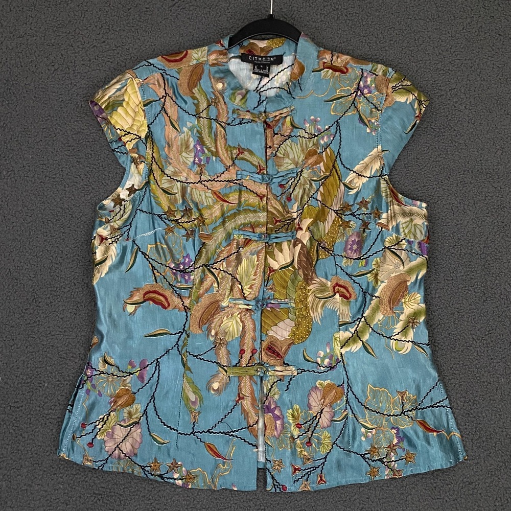 VTG Citron Santa Monica Top size Large Asian Frog Knot Toggle Band Collar Silk